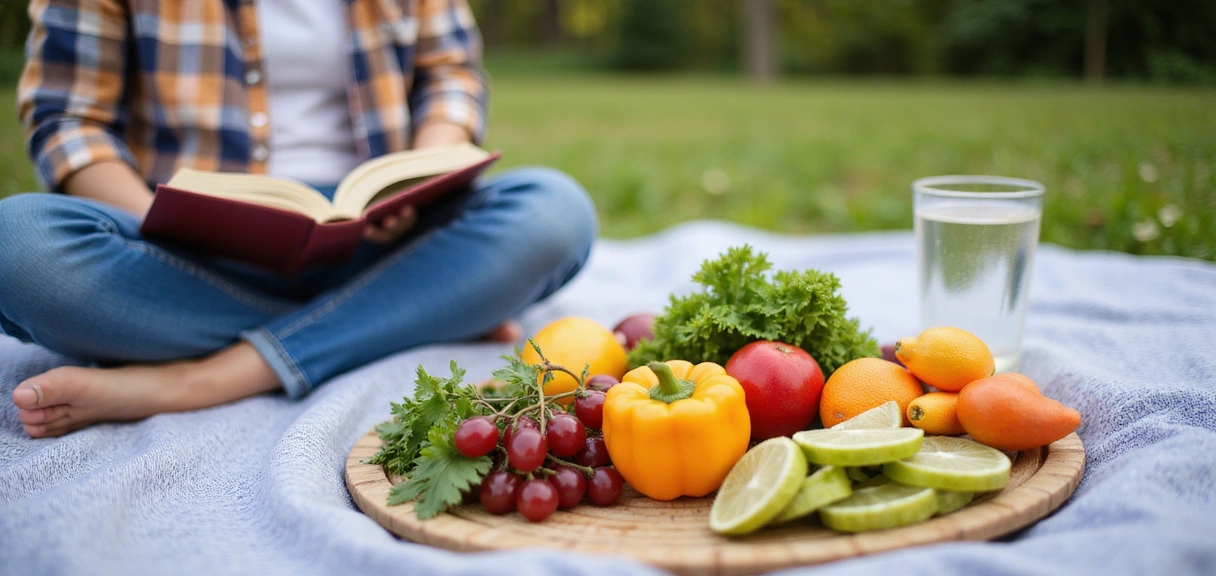 Persona che legge un libro con cibo sano nelle vicinanze