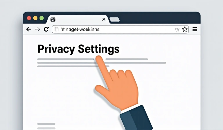 Illustrazione di una mano che clicca su un'opzione 'Impostazioni Privacy' in un browser, simboleggiando la gestione delle preferenze sui cookie.