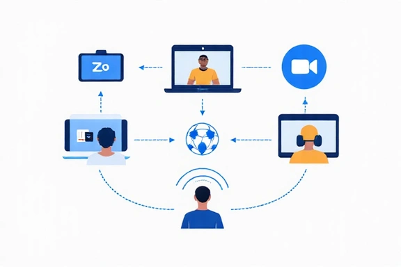 Illustrazione di diverse icone di piattaforme di videoconferenza come Zoom, Google Meet, e un'icona di connessione internet stabile.