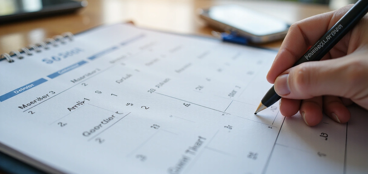 Immagine di sfondo raffigurante un calendario con appuntamenti e una persona che pianifica una consulenza, simbolo di organizzazione e benessere.