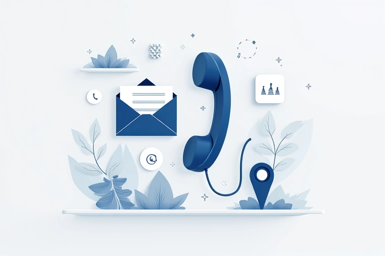 Icone di contatto: email, telefono, indirizzo su uno sfondo astratto