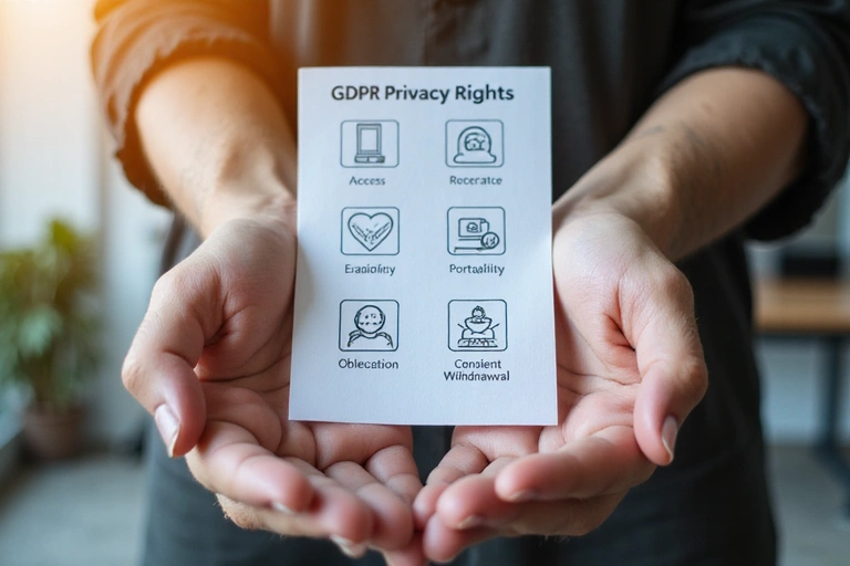 Mani che tengono un documento con icone dei diritti sulla privacy