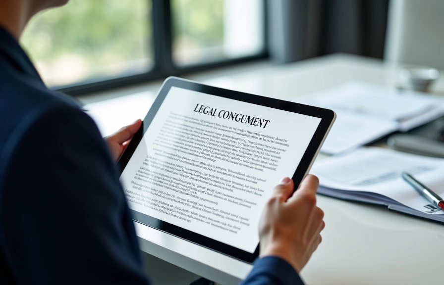 Persona che legge un documento legale su un tablet